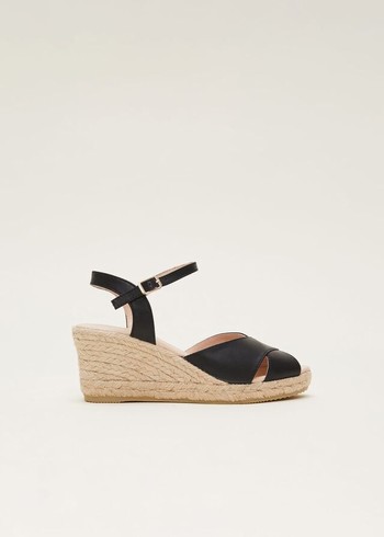 Phase Eight Leather Cross Front Espadrilles Heels Black Canada | RSIXLA-192